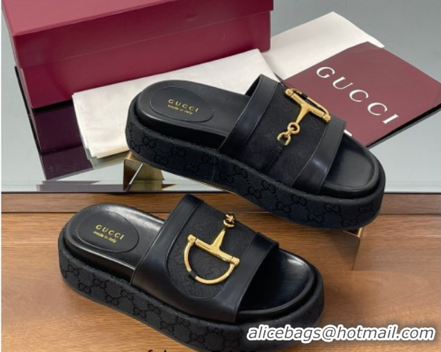Big Discount Gucci Platform Slides Sandal 5.5cm in GG Canvas and Lambskin with Horsebit Black 0609101