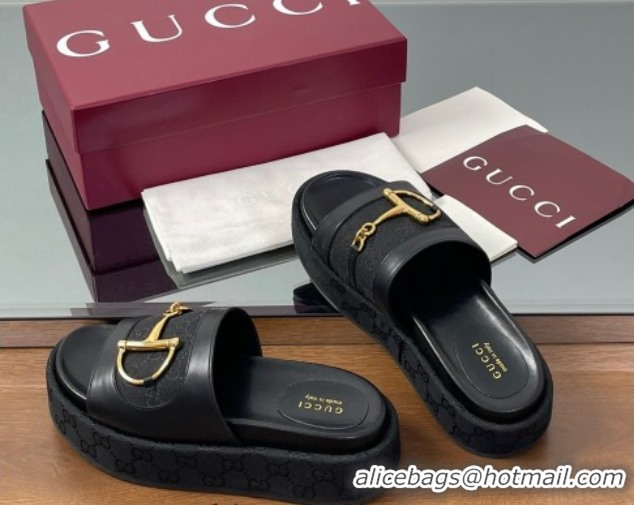 Big Discount Gucci Platform Slides Sandal 5.5cm in GG Canvas and Lambskin with Horsebit Black 0609101