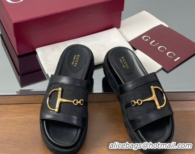Big Discount Gucci Platform Slides Sandal 5.5cm in GG Canvas and Lambskin with Horsebit Black 0609101