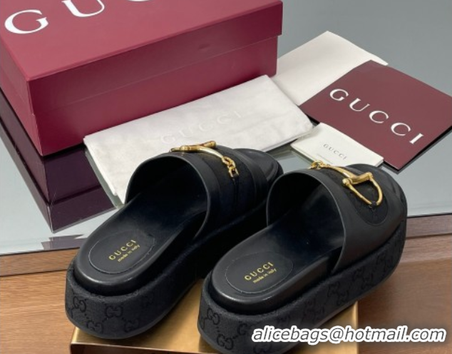 Big Discount Gucci Platform Slides Sandal 5.5cm in GG Canvas and Lambskin with Horsebit Black 0609101
