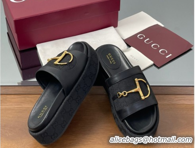 Big Discount Gucci Platform Slides Sandal 5.5cm in GG Canvas and Lambskin with Horsebit Black 0609101