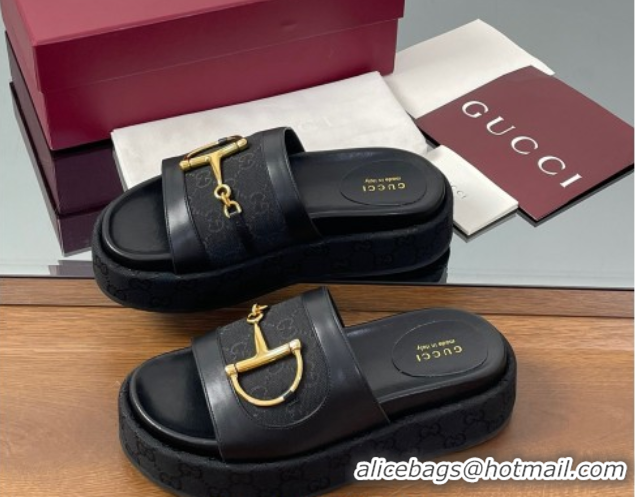 Big Discount Gucci Platform Slides Sandal 5.5cm in GG Canvas and Lambskin with Horsebit Black 0609101