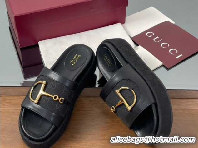Big Discount Gucci Platform Slides Sandal 5.5cm in GG Canvas and Lambskin with Horsebit Black 0609101
