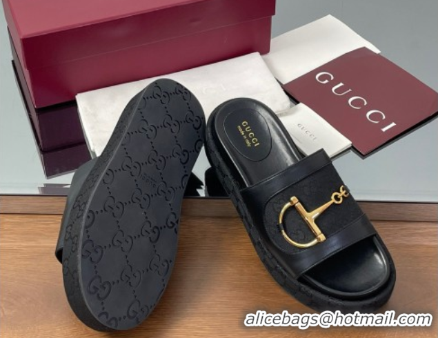 Big Discount Gucci Platform Slides Sandal 5.5cm in GG Canvas and Lambskin with Horsebit Black 0609101