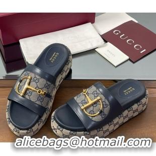 Cheap Price Gucci Platform Slides Sandal 5.5cm in GG Canvas and Lambskin with Horsebit Dark Blue 0609102