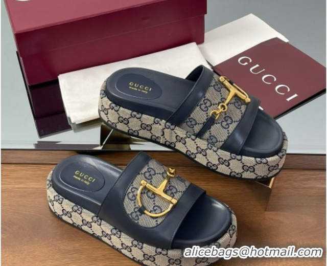 Cheap Price Gucci Platform Slides Sandal 5.5cm in GG Canvas and Lambskin with Horsebit Dark Blue 0609102