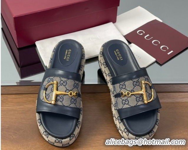 Cheap Price Gucci Platform Slides Sandal 5.5cm in GG Canvas and Lambskin with Horsebit Dark Blue 0609102