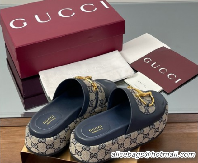 Cheap Price Gucci Platform Slides Sandal 5.5cm in GG Canvas and Lambskin with Horsebit Dark Blue 0609102
