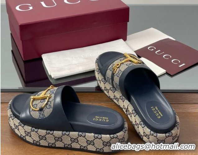 Cheap Price Gucci Platform Slides Sandal 5.5cm in GG Canvas and Lambskin with Horsebit Dark Blue 0609102
