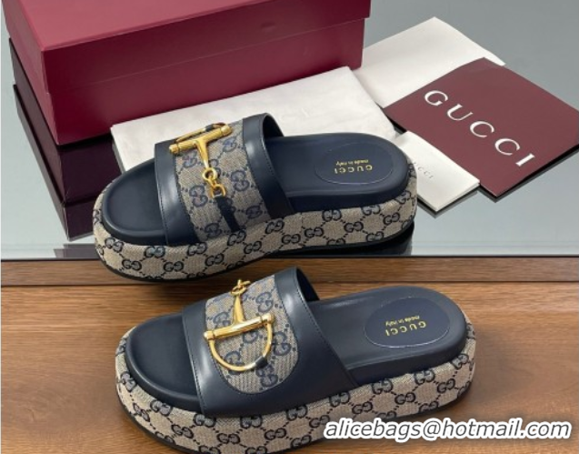 Cheap Price Gucci Platform Slides Sandal 5.5cm in GG Canvas and Lambskin with Horsebit Dark Blue 0609102