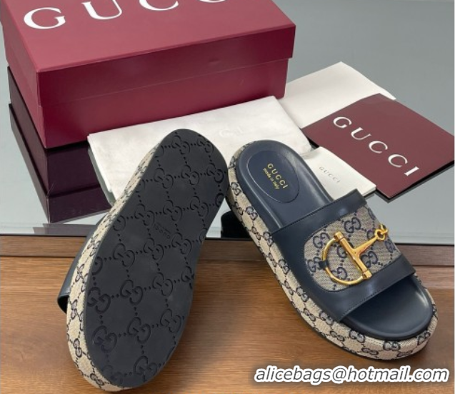 Cheap Price Gucci Platform Slides Sandal 5.5cm in GG Canvas and Lambskin with Horsebit Dark Blue 0609102