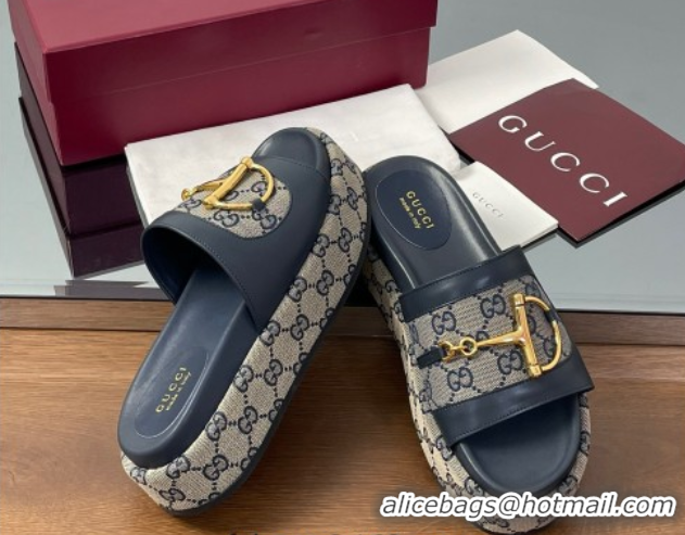 Cheap Price Gucci Platform Slides Sandal 5.5cm in GG Canvas and Lambskin with Horsebit Dark Blue 0609102