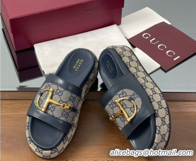 Cheap Price Gucci Platform Slides Sandal 5.5cm in GG Canvas and Lambskin with Horsebit Dark Blue 0609102