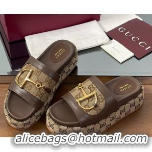 Durable Gucci Platform Slides Sandal 5.5cm in GG Canvas and Lambskin with Horsebit Dark Brown 0609103