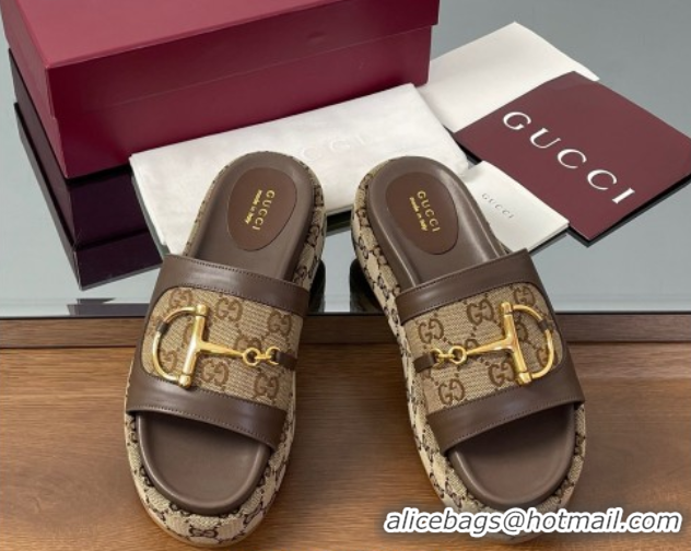 Durable Gucci Platform Slides Sandal 5.5cm in GG Canvas and Lambskin with Horsebit Dark Brown 0609103