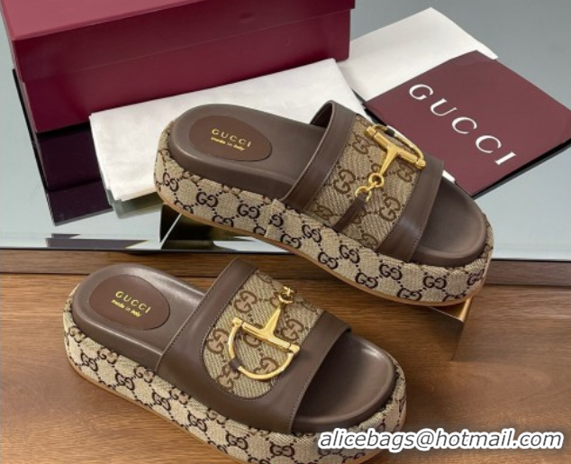 Durable Gucci Platform Slides Sandal 5.5cm in GG Canvas and Lambskin with Horsebit Dark Brown 0609103