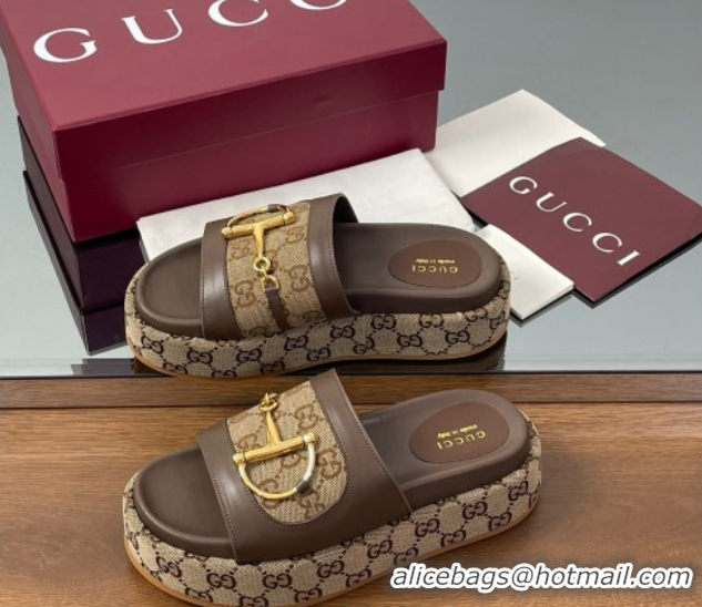 Durable Gucci Platform Slides Sandal 5.5cm in GG Canvas and Lambskin with Horsebit Dark Brown 0609103