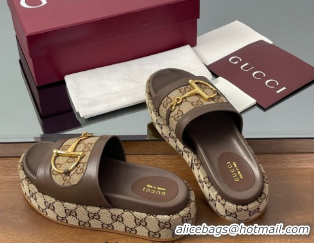 Durable Gucci Platform Slides Sandal 5.5cm in GG Canvas and Lambskin with Horsebit Dark Brown 0609103
