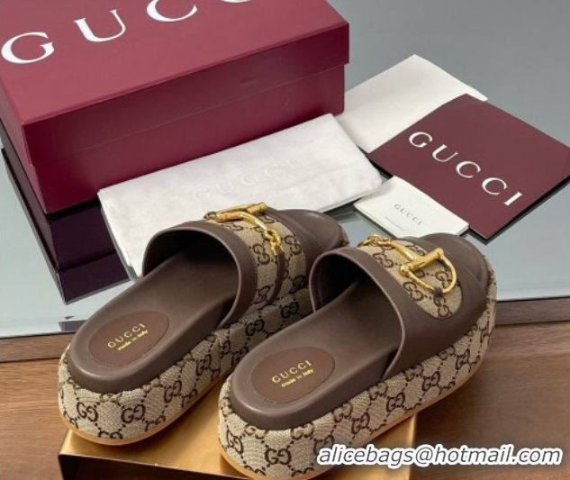 Durable Gucci Platform Slides Sandal 5.5cm in GG Canvas and Lambskin with Horsebit Dark Brown 0609103