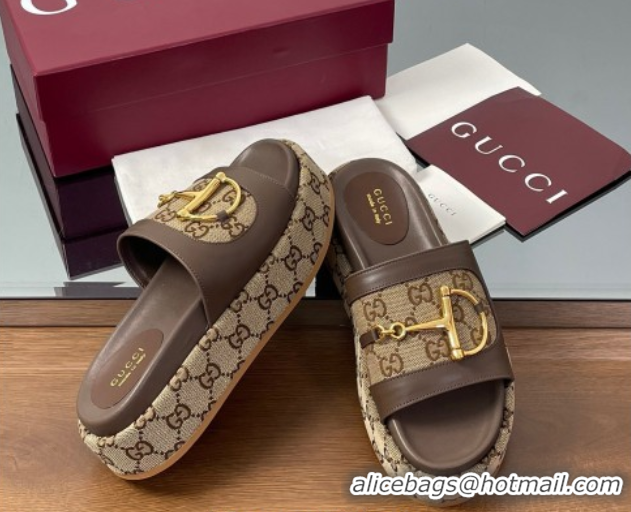 Durable Gucci Platform Slides Sandal 5.5cm in GG Canvas and Lambskin with Horsebit Dark Brown 0609103