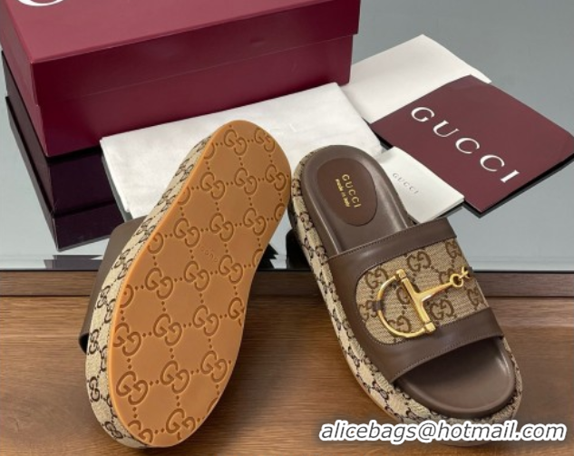 Durable Gucci Platform Slides Sandal 5.5cm in GG Canvas and Lambskin with Horsebit Dark Brown 0609103