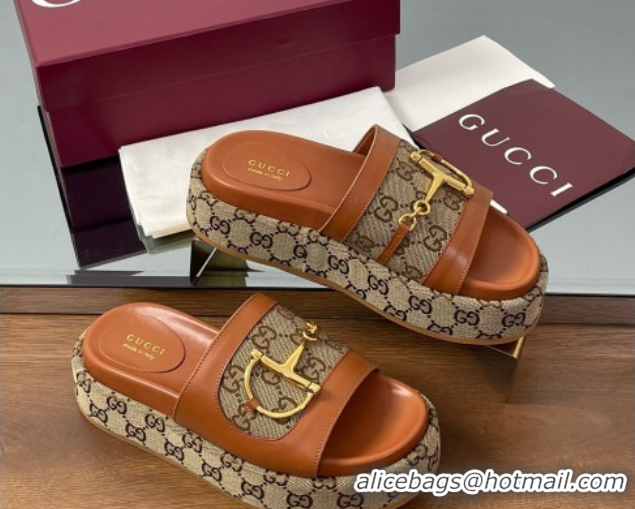 Grade Quality Gucci Platform Slides Sandal 5.5cm in GG Canvas and Lambskin with Horsebit Tan Brown 0609104