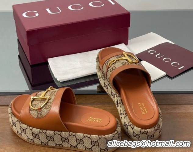 Grade Quality Gucci Platform Slides Sandal 5.5cm in GG Canvas and Lambskin with Horsebit Tan Brown 0609104