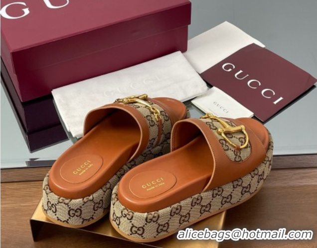 Grade Quality Gucci Platform Slides Sandal 5.5cm in GG Canvas and Lambskin with Horsebit Tan Brown 0609104