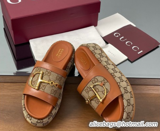 Grade Quality Gucci Platform Slides Sandal 5.5cm in GG Canvas and Lambskin with Horsebit Tan Brown 0609104