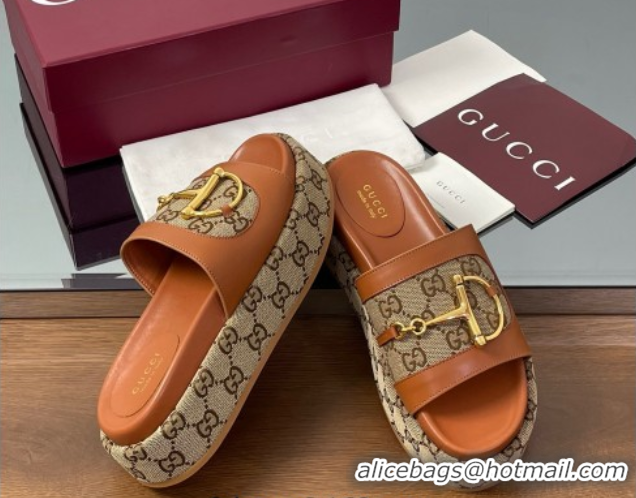 Grade Quality Gucci Platform Slides Sandal 5.5cm in GG Canvas and Lambskin with Horsebit Tan Brown 0609104