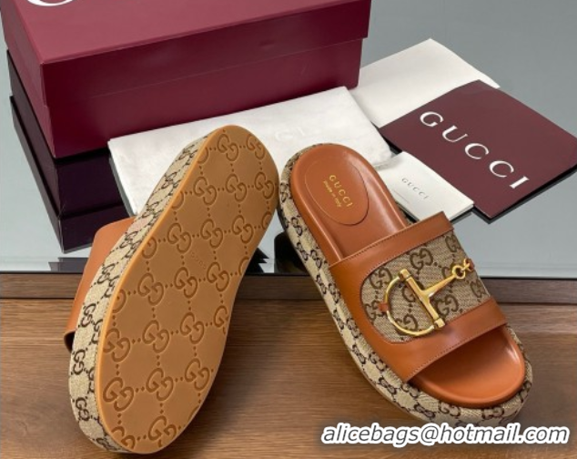Grade Quality Gucci Platform Slides Sandal 5.5cm in GG Canvas and Lambskin with Horsebit Tan Brown 0609104