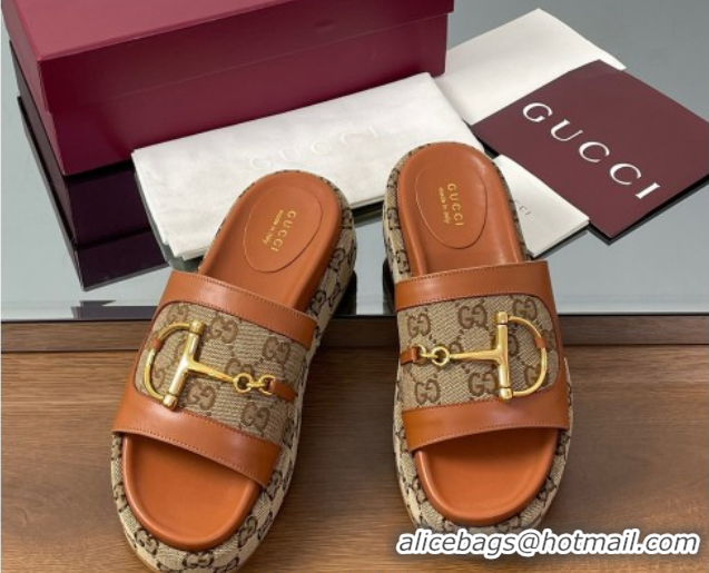 Grade Quality Gucci Platform Slides Sandal 5.5cm in GG Canvas and Lambskin with Horsebit Tan Brown 0609104