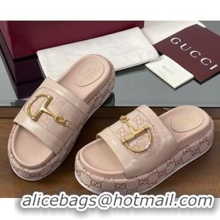 Low Price Gucci Platform Slides Sandal 5.5cm in GG Canvas and Lambskin with Horsebit Nude Pink 0609105