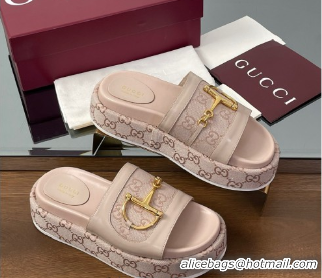 Low Price Gucci Platform Slides Sandal 5.5cm in GG Canvas and Lambskin with Horsebit Nude Pink 0609105