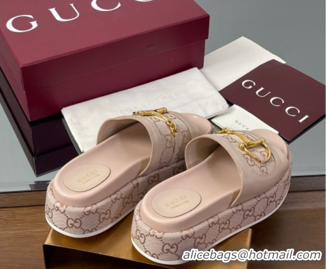 Low Price Gucci Platform Slides Sandal 5.5cm in GG Canvas and Lambskin with Horsebit Nude Pink 0609105