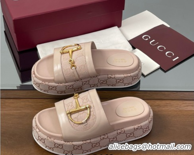 Low Price Gucci Platform Slides Sandal 5.5cm in GG Canvas and Lambskin with Horsebit Nude Pink 0609105