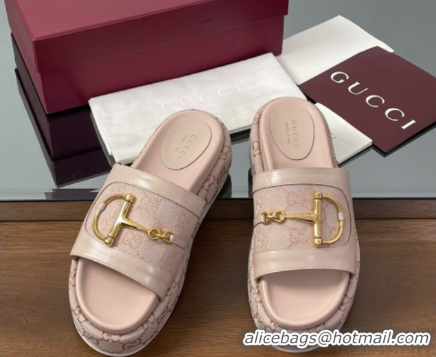 Low Price Gucci Platform Slides Sandal 5.5cm in GG Canvas and Lambskin with Horsebit Nude Pink 0609105