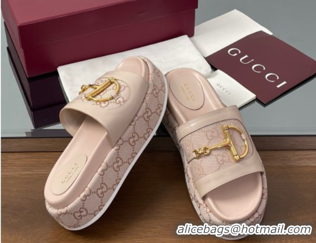 Low Price Gucci Platform Slides Sandal 5.5cm in GG Canvas and Lambskin with Horsebit Nude Pink 0609105
