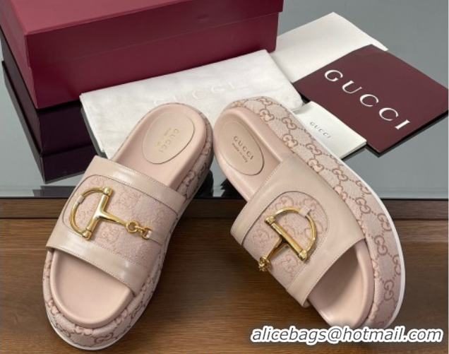 Low Price Gucci Platform Slides Sandal 5.5cm in GG Canvas and Lambskin with Horsebit Nude Pink 0609105