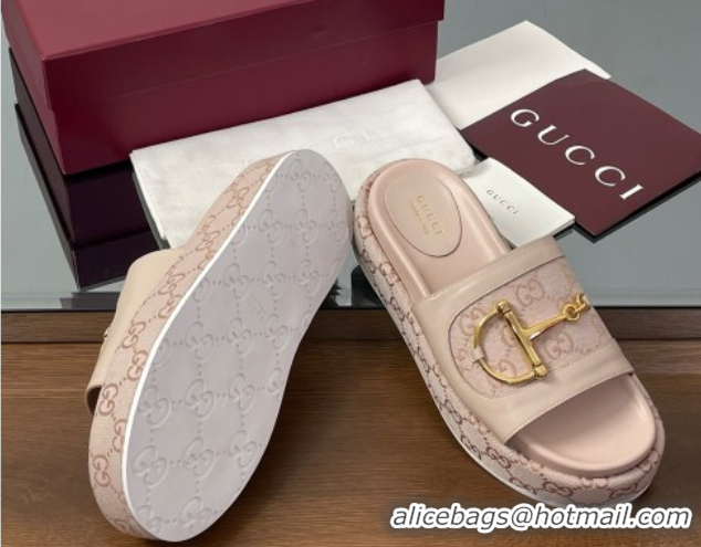 Low Price Gucci Platform Slides Sandal 5.5cm in GG Canvas and Lambskin with Horsebit Nude Pink 0609105