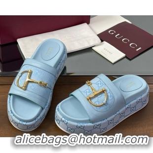 Best Grade Gucci Platform Slides Sandal 5.5cm in GG Canvas and Lambskin with Horsebit Light Blue 0609106
