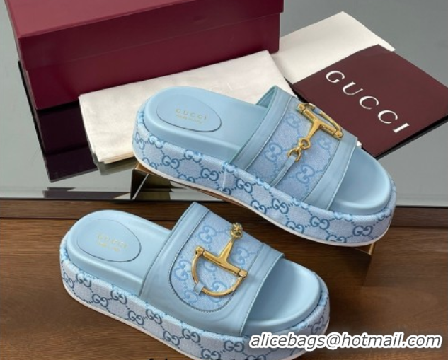 Best Grade Gucci Platform Slides Sandal 5.5cm in GG Canvas and Lambskin with Horsebit Light Blue 0609106