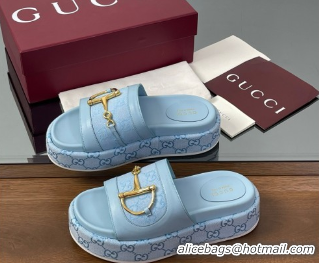 Best Grade Gucci Platform Slides Sandal 5.5cm in GG Canvas and Lambskin with Horsebit Light Blue 0609106