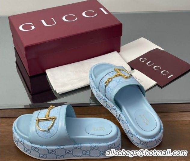 Best Grade Gucci Platform Slides Sandal 5.5cm in GG Canvas and Lambskin with Horsebit Light Blue 0609106