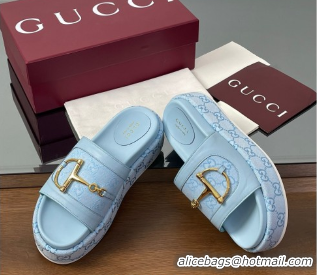 Best Grade Gucci Platform Slides Sandal 5.5cm in GG Canvas and Lambskin with Horsebit Light Blue 0609106
