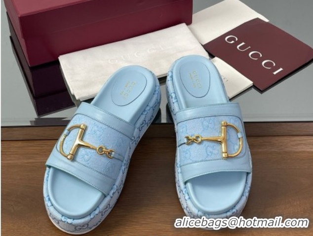 Best Grade Gucci Platform Slides Sandal 5.5cm in GG Canvas and Lambskin with Horsebit Light Blue 0609106