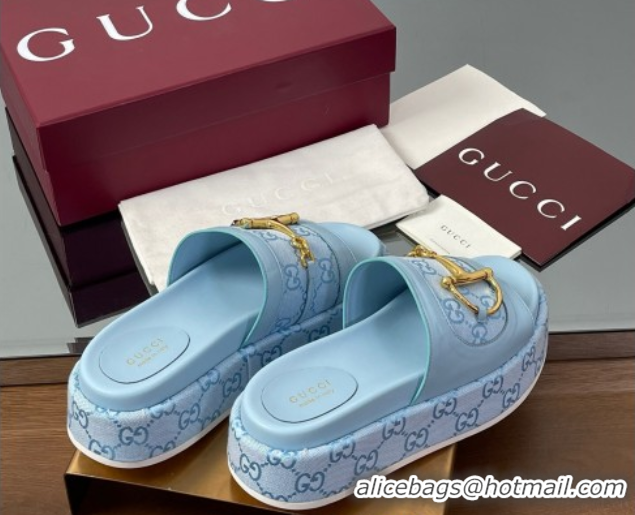 Best Grade Gucci Platform Slides Sandal 5.5cm in GG Canvas and Lambskin with Horsebit Light Blue 0609106