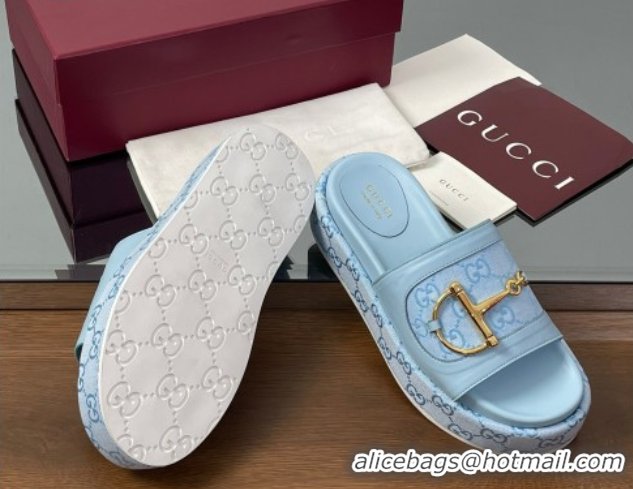 Best Grade Gucci Platform Slides Sandal 5.5cm in GG Canvas and Lambskin with Horsebit Light Blue 0609106