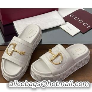 Best Price Gucci Platform Slides Sandal 5.5cm in GG Canvas and Lambskin with Horsebit White 0609107