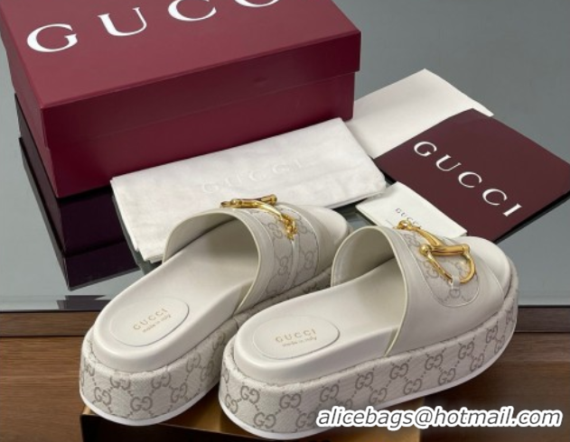 Best Price Gucci Platform Slides Sandal 5.5cm in GG Canvas and Lambskin with Horsebit White 0609107